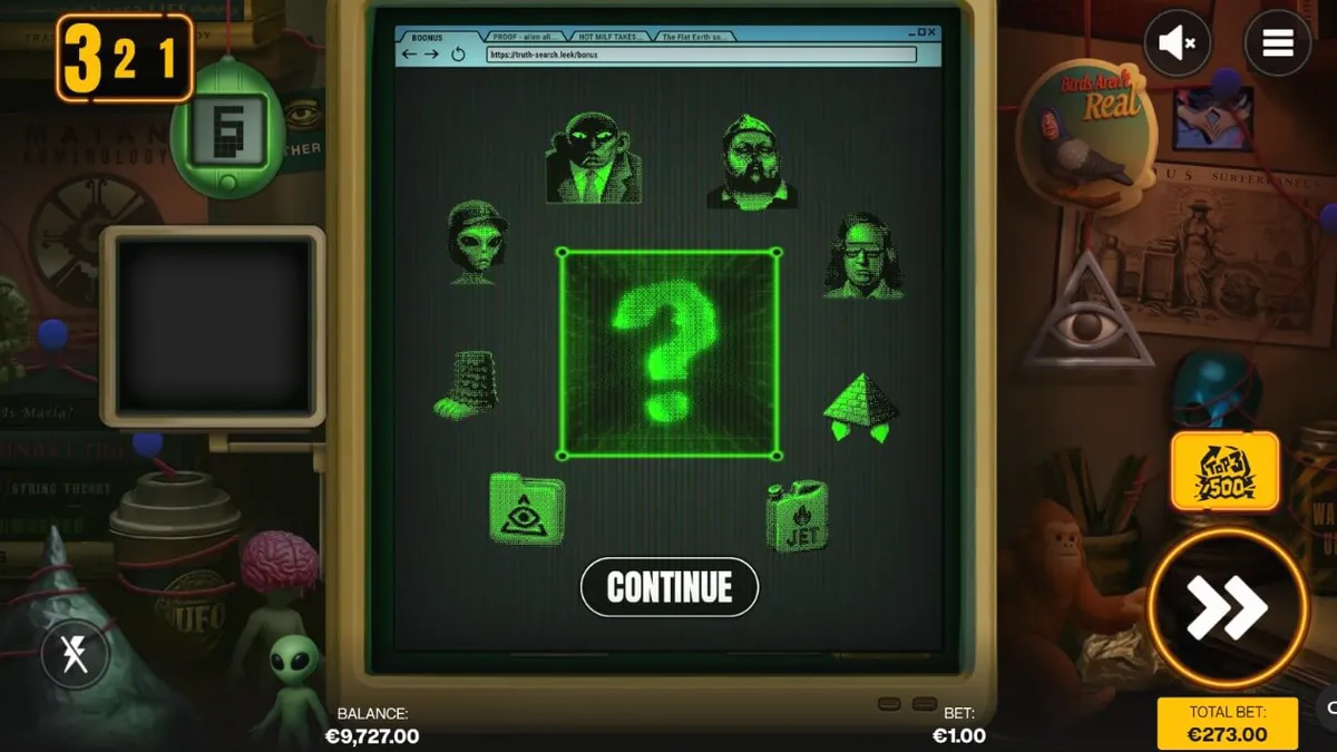 Tampilan antarmuka slot Truth dengan nuansa bunker konspirasi retro.