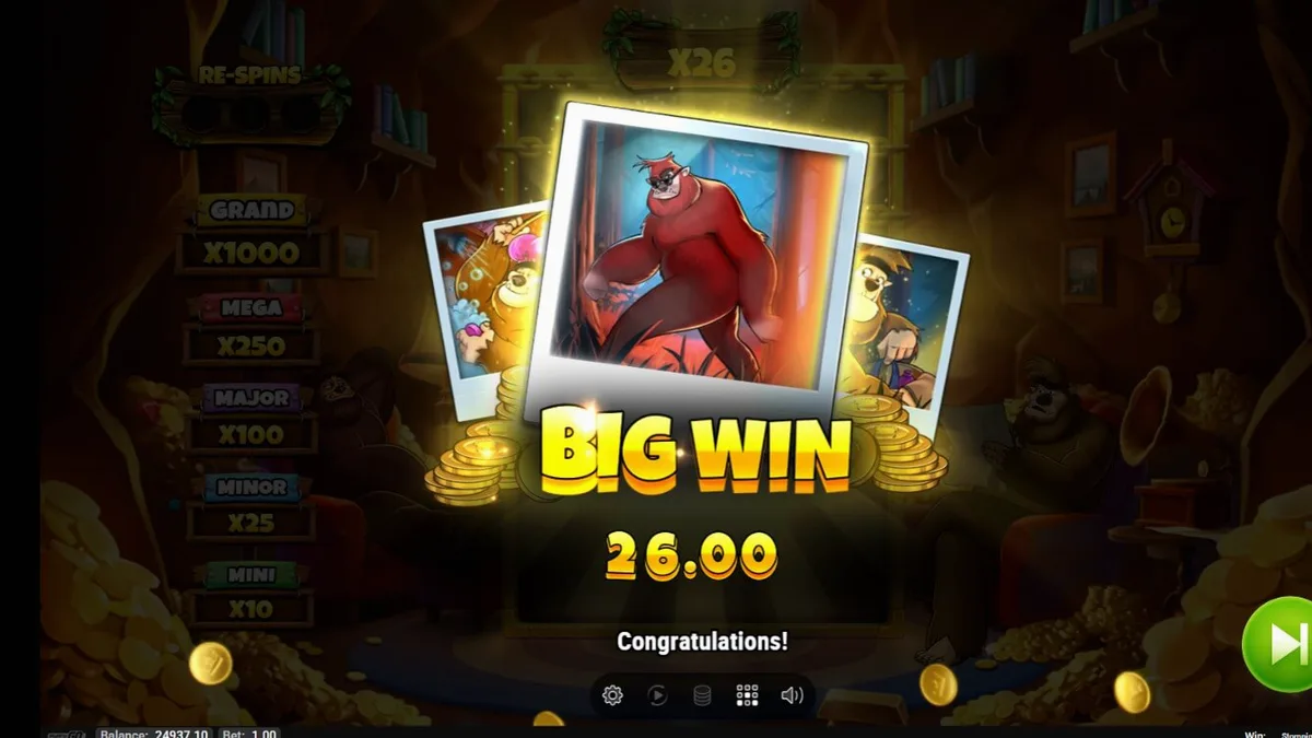 Visual petualangan hutan dalam slot Stompin’ Gold GO Collect dengan karakter yeti
